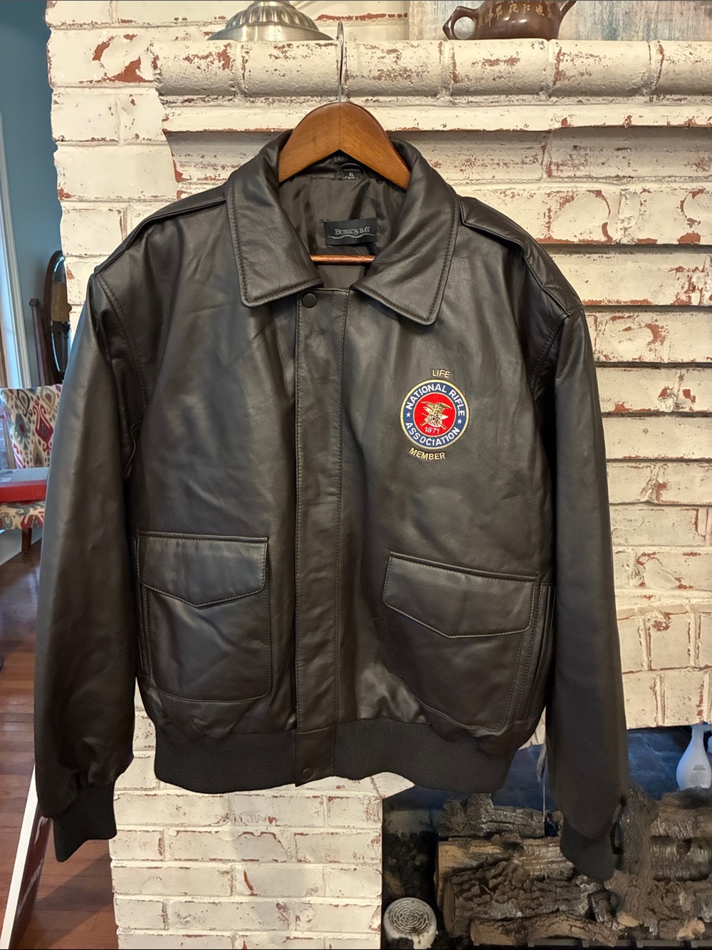 Burk’s Bay Men's Black Leather Bomber Jacket with Embroidered NRA Patch